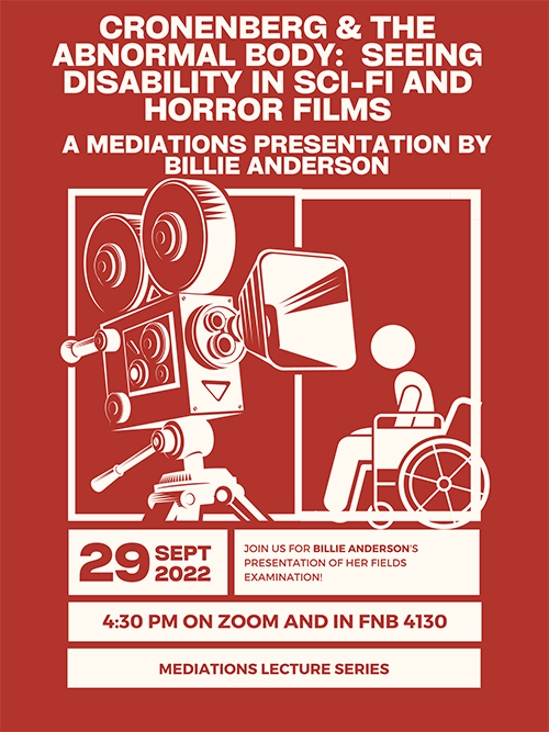 Red event poster with an old film camera and a silhouette of a person sitting in a wheelchair.