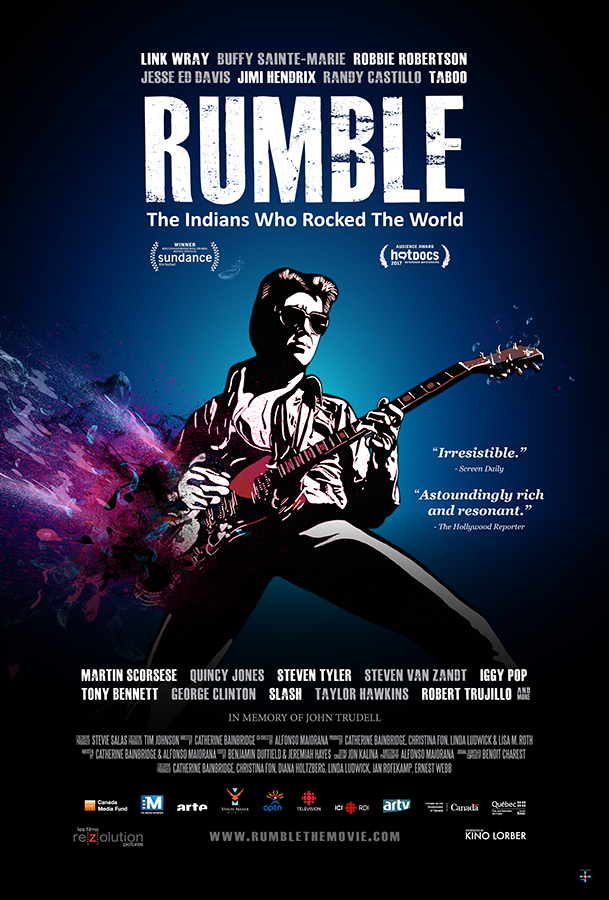The original promotional poster for the movie Rumble, featuring a man playing an electric guitar.