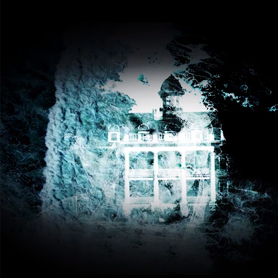 Grainy, old image of a building on an atmospheric black background.