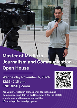 A young man doing a standup with a microphone in front of a camera on Western's campus.