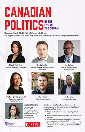 Event poster for Canadian Politics in the Eye of the Storm.