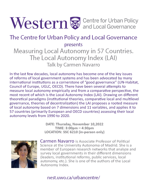 The Centre for Urban Policy and Local Governance presents Measuring Local Autonomy in 57 Countries. The Local Autonomy Index (LAI) 
Talk by Carmen Navarro
