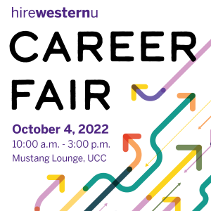 Graphic with colourful arrows and text reading hirewesternu Career Fair. October 4 from 10am - 3pm in the Mustang Lounge