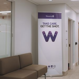 Interior of Thames Hall showing banner sign which reads 