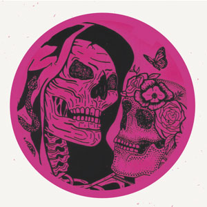 bright pink screen print of day of the dead skulls