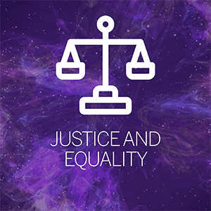 Balanced scales with text justice and equality