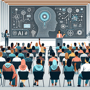 artistic drawing of people at a lecture about Artificial Intelligence
